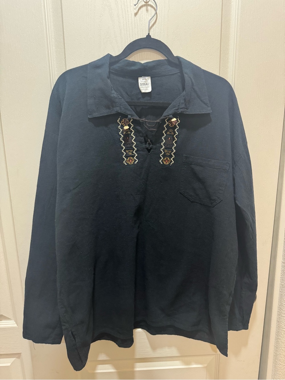 Sinai Ecuador Black Embroidered 100% Cotton Boho Guayabera Shirt XXL